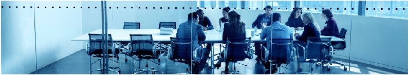 Nine people sitting down in a meeting discussing customer feedback.