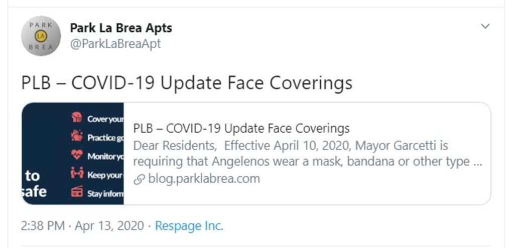 Property management tweet about COVID-19 information. Property management tweet about COVID-19 information.