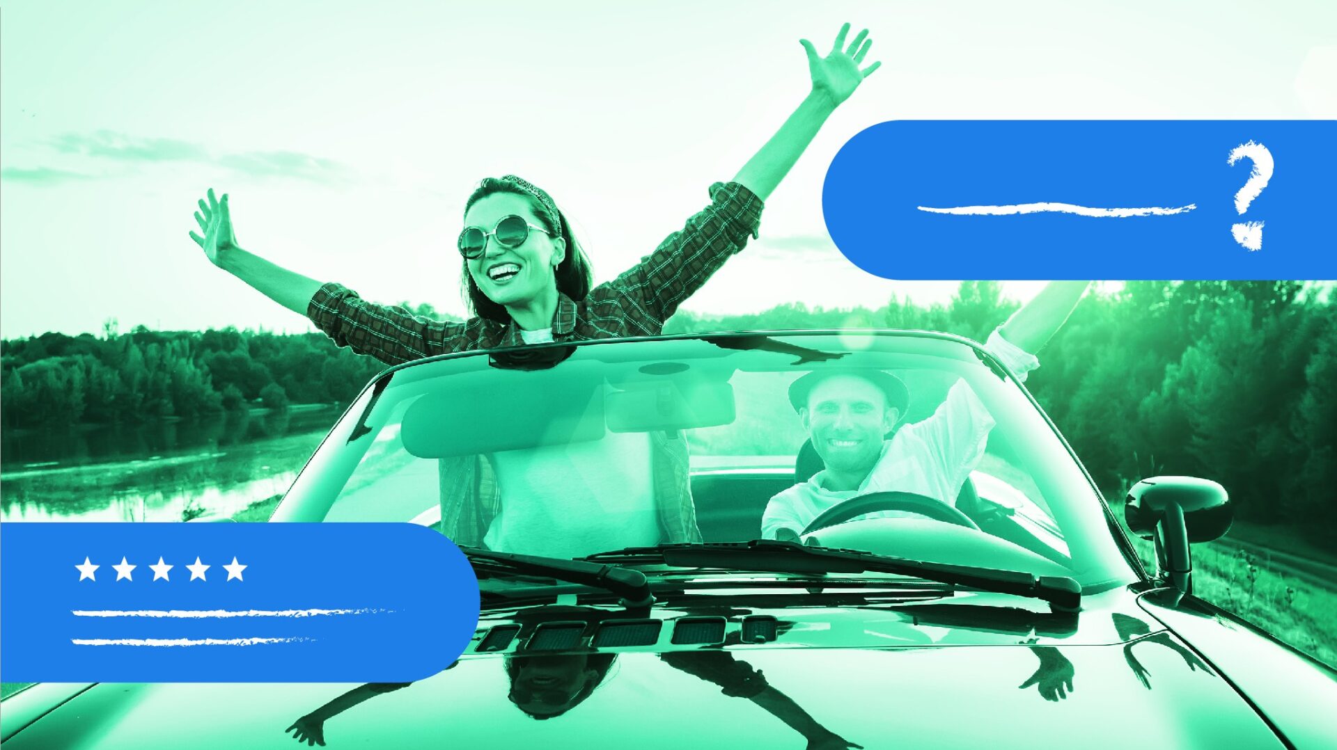 Two people in a car enjoying a road trip.
